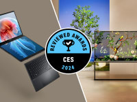 Side-by-side image of the Asus Zenbook Duo laptop and the LG OLED T TV with the circular Reviewed Awards CES 2024 logo at the center.