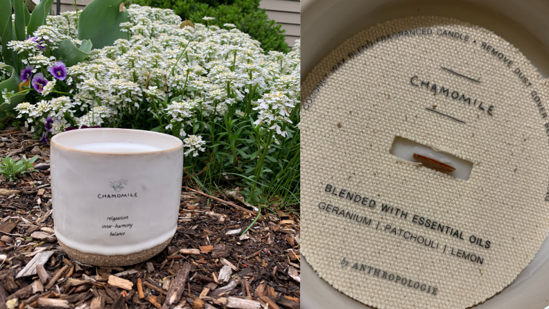 On left, Anthropologie Dickinson candle on soil in front of flowers. On right, image of tan and black Anthropologie candle lid.