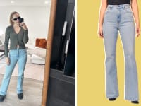 Image of a woman wearing blue flare jeans with a cardigan, and a close-up of a model wearing the same jeans.