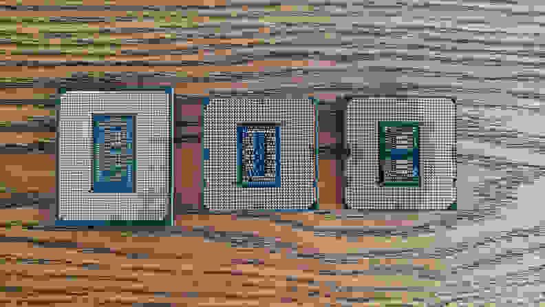 The underside of three computer processors