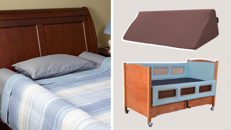 Photo collage of the Hiccapop Bed Bumper for Toddlers, the Aossa foam wedge and a wooden Sleepsafe Bed frame.