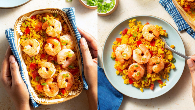 On left, two hands holding shrimp and rice meal in a loaf pan. On right, shrimp and rice meal in a blue plate.