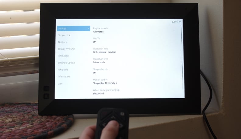 You can select different settings and options on the Nixplay frame itself, using the included remote control.