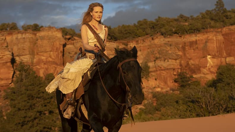A still from 'Westworld' featuring Evan Rachel Wood on a horse.