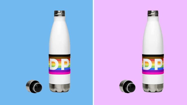 Two images of the same white long water bottle with a pride flag sticker wrapped around the base.