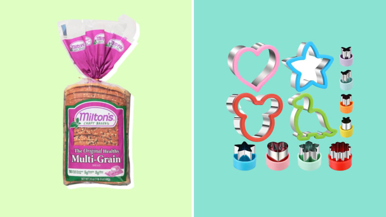Loaf of Milton's multi-grain bread next to multi-colored cookie cutters.