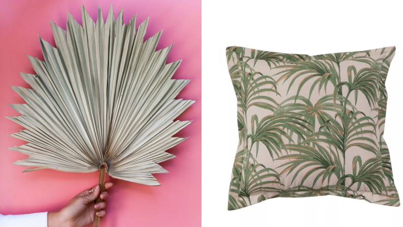 On left, hand holding large, tan palm frond in front of pink background. On right, product shot of outdoor pillow decorated with coral and green palm leaves.