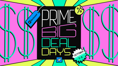 Colorful promotional graphic for Amazon Prime Big Deal Days, October 7–8, with bold neon text, dollar signs, and discount icons.