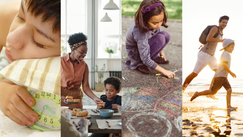 (1) A boy clutches a green alarm clock while in a deep sleep. (2) A mother serves a waffle to her child. (3) A child draws on pavement with chalk. (4) A child runs on a beach at sunset with their dad.