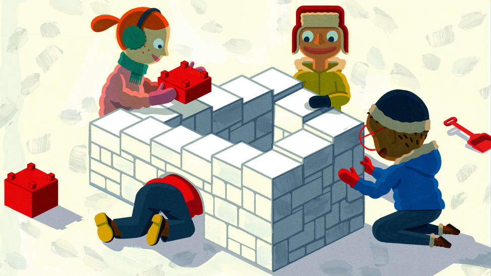 An illustration of four children building a snow fort out of snow bricks