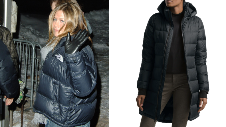 Jennifer Aniston and a model are shown sporting similar North Face puffer jackets.