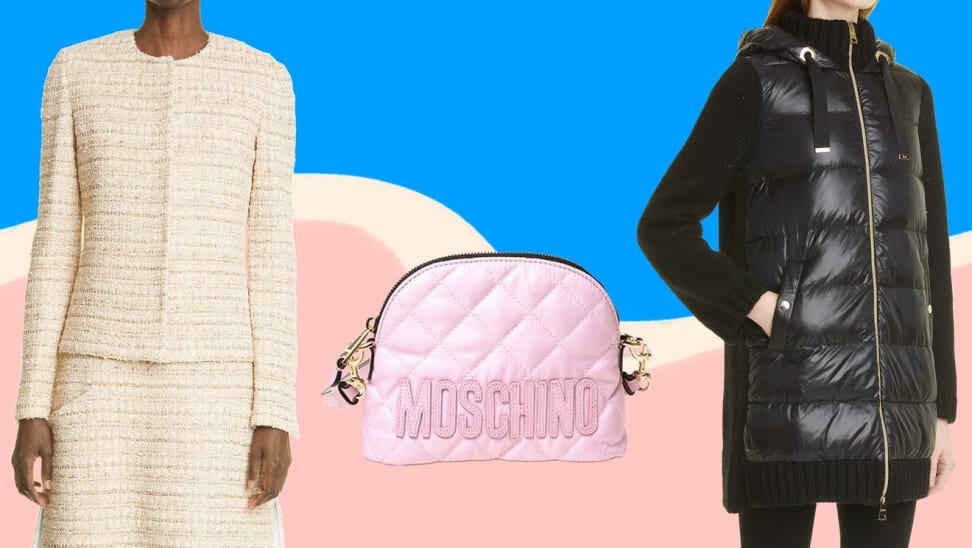 Person wearing cream tweed suit; in middle pink Moschino purse; on left person wearing black bubble coat.