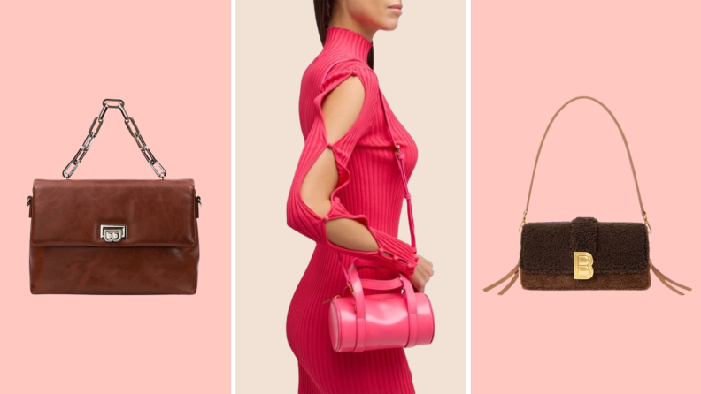 Collage image of two brown purses, and a model wearing a pink ensemble with a pink bag.