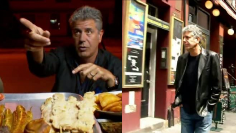 Two images from Anthony Bourdain: No Reservations featuring Anthony eating a large plate of food and Anthony wandering a street.