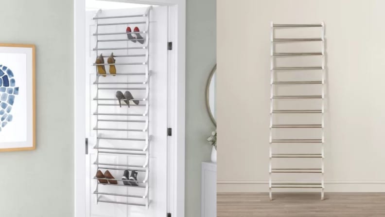 Side-by-side images of a shoe organizer