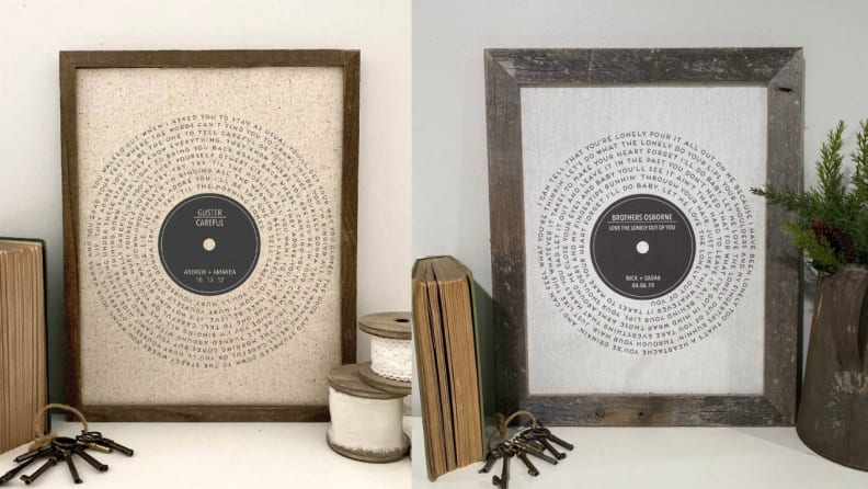 Portrait with song lyrics in a record-shaped pattern on desk.