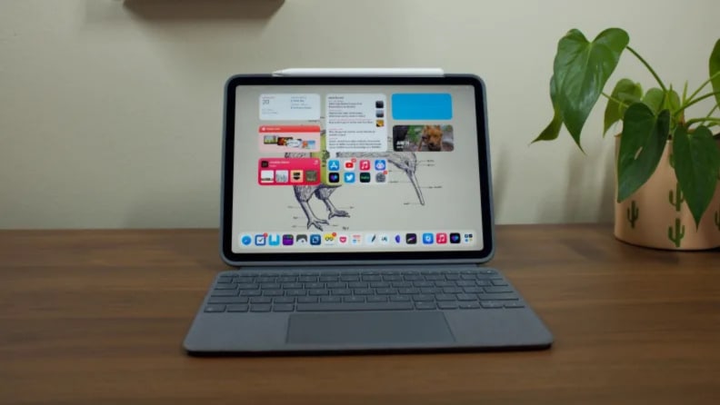 An iPad work station with a an iPad keyboard case.