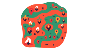 An image of a general map with wildfire icons on it