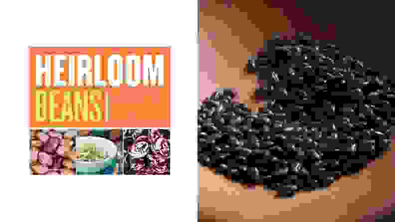 Left: An heirloom bean cookbook silhouetted on a white background. Right: Black lentils in a brown bowl.