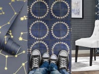 1) Blue constellation vinyl wallpaper. 2) blue and white vinyl flooring 3) a white vinyl chair.