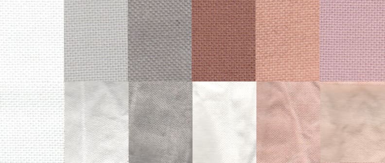 Before and after test stain results using the Normal cycle. From left to right: control, sweat, dirt, blood, cocoa, and red wine.
