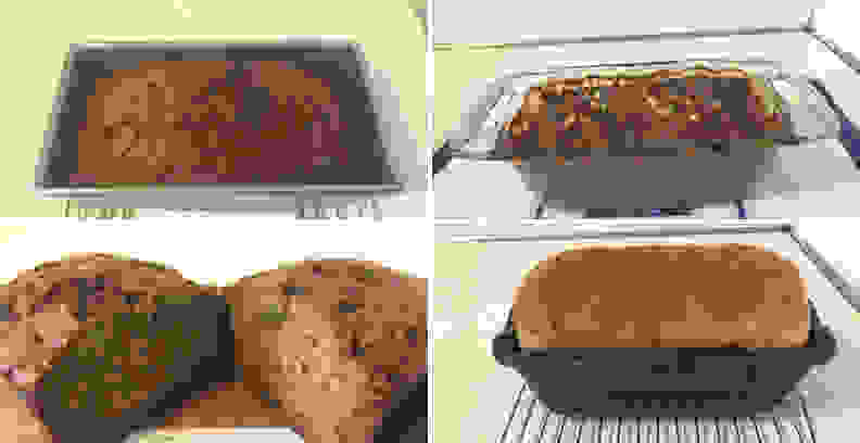 Clockwise from top left: A fully baked loaf of bread in a USA Pan loaf pan, a fully baked loaf in a Pyrex glass loaf pan, a loaf of bread sliced in half in the middle, and a fully-baked loaf of sandwich bread in a ceramic loaf pan.