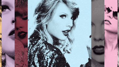 An image of Taylor Swift in sepia tones against other, layered images of Swift in various poses.