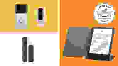 A collage of Amazon devices with the Prime Day Reviewed badge in front of colored backgrounds.