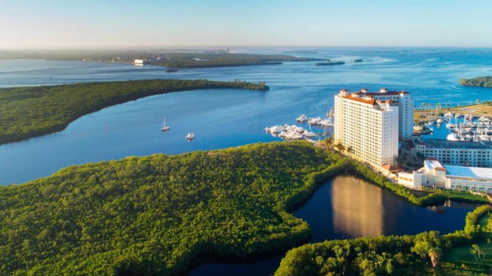 resort hotel on a peninsula surrounded by water and islands