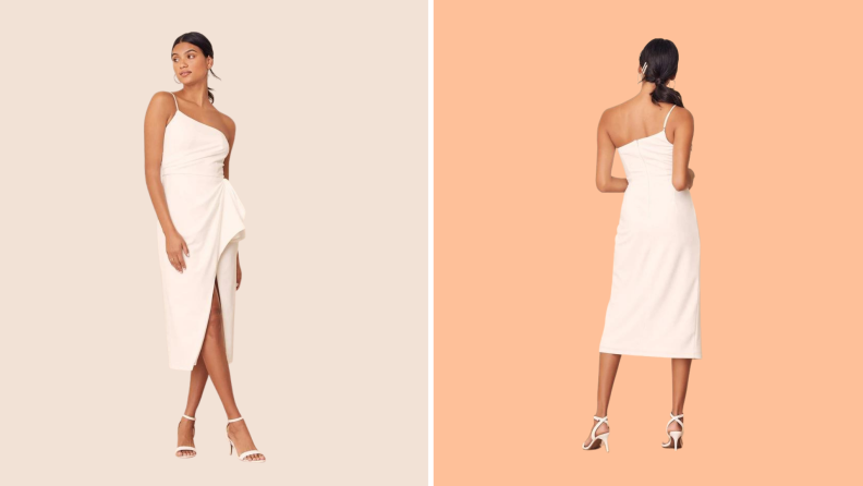 Two images of a model wearing a white wedding gown against a blush background.