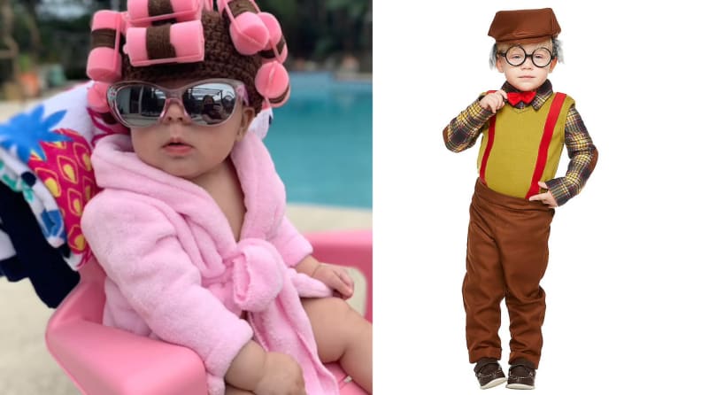 Infants dressed as senior citizen Halloween costumes.