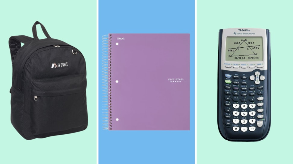 backpack/purple notebook. calculator