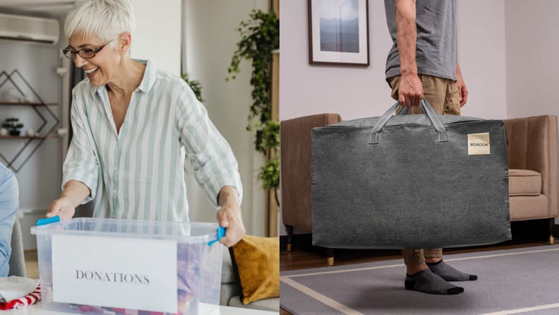 On the left, a person puts old clothes into a clear plastic donation box, smiling.  On the right, a person holding a gray linen storage bag.