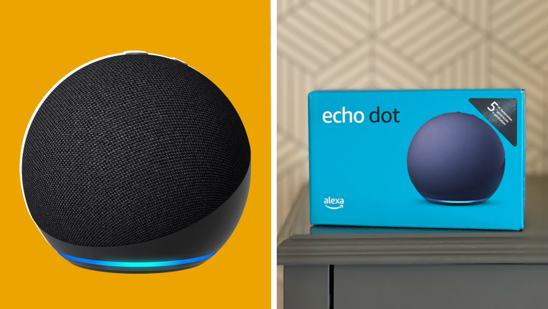 Product shots of the 5th generation Amazon Echo Dot virtual assistant speaker.