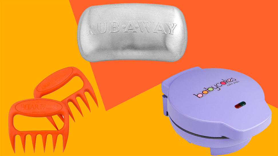 bear paws, steel soap and purple cake pop maker with a sunset-colored background