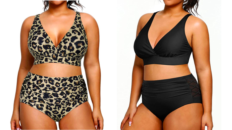 Two images of the same high-waisted bikini. The first is in a leopard print and the second is in black. The bikini top is a plunging v-neck, and the bottom has a high waist.