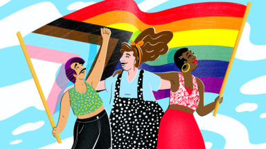 Graphic of three people wearing colorful outfits with the pride flag and trans visibility flag behind them