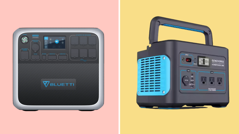 The Bluetti AC200P next to the  HomePower ONE solar powered generator on a pink and yellow background.