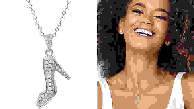 Woman wearing glass slipper necklace.