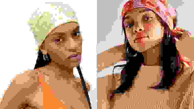 On the left: A person with long dark hair wearing a green bandana on top of their hair and at the top of their forehead. On the right: A person wearing a pink head scarf on their forehead and dark hair.
