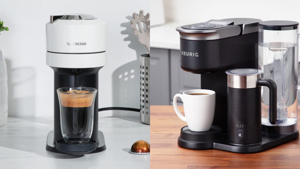 Left: white Nespresso machine with frothy cup of coffee. Right: Keurig machine with white mug full of coffee.