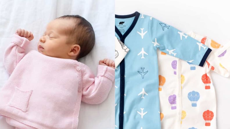 On left, newborn baby sleeping white wearing pink knit outfit.  On right, assorted colorful, children's onesies.