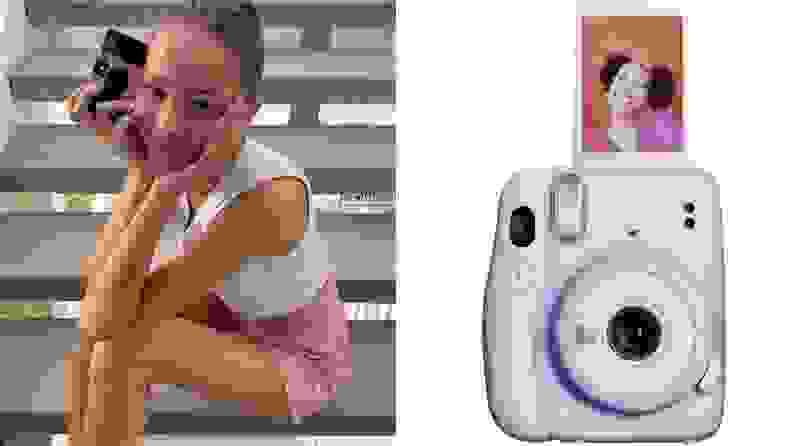 purple camera on white background on right, woman holding camera on left
