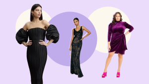 Three models wearing formal dresses: One is a black dress with large off-the-shoulder sleeves, one is a lace black gown, and the last is a purple velvet knee-length dress with long sleeves.