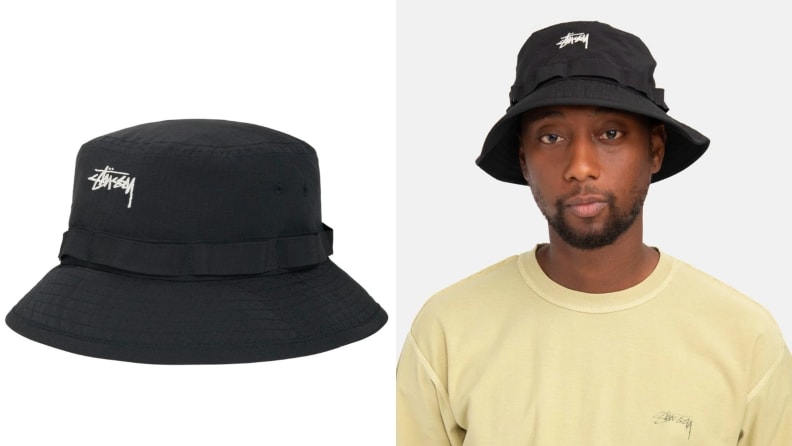 black bucket hat, navy bucket hat