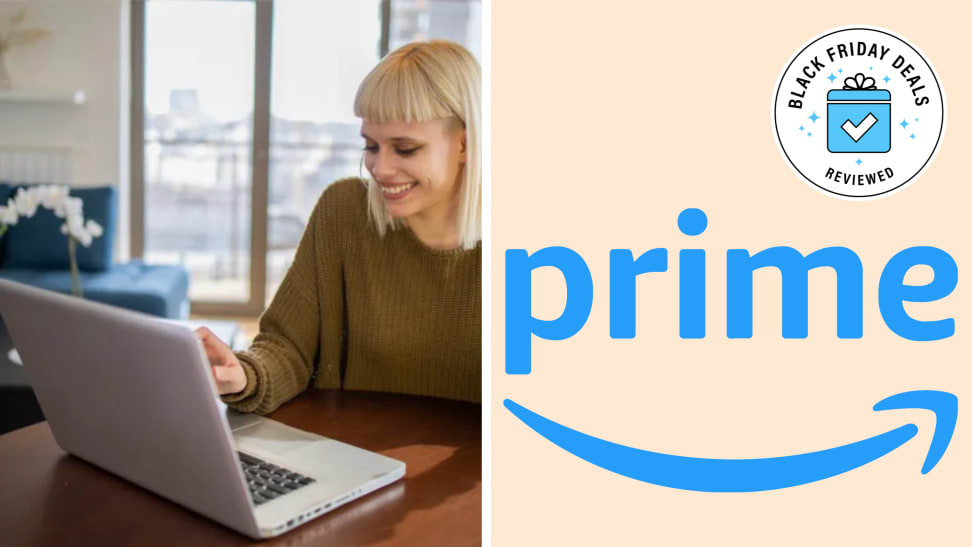 Woman shopping on a laptop and the Amazon Prime logo in front of a tan background.