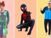 Winifred Sanderson, Spider-Man, and Ted Lasso costumes on a pink, orange, and yellow background.