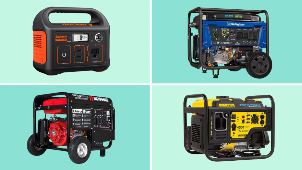 A teal background with four different portable generators on it.