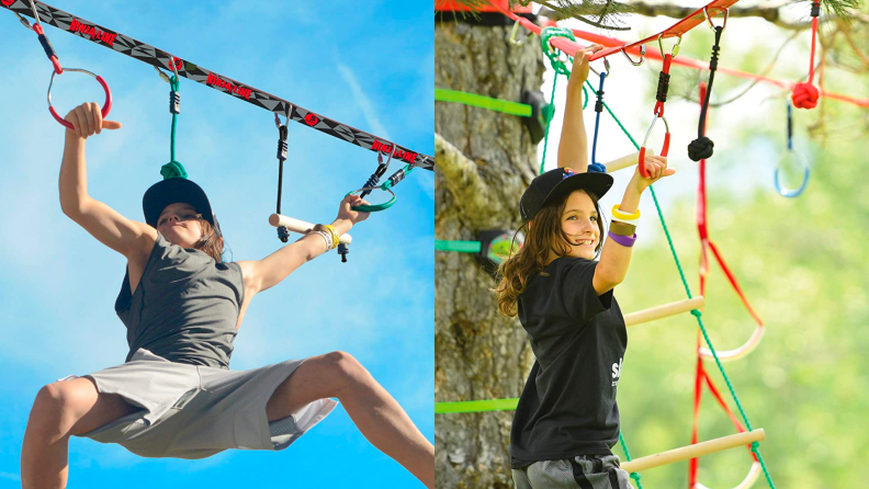 Two children hang on a rope course.