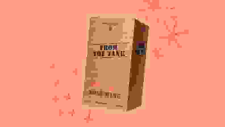 A box of From the Tank wine on a pink background with illustrated deocrations